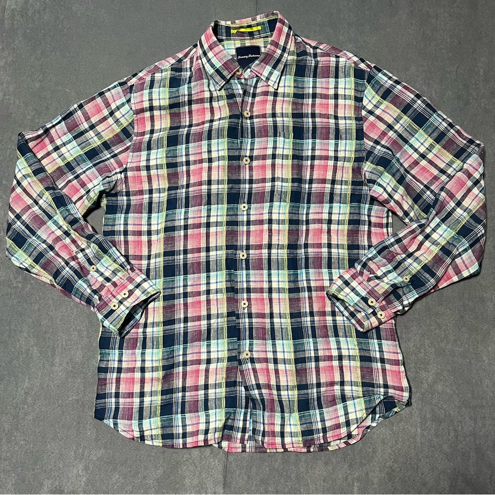 Tommy Bahama Shirt Mens Medium Plaid Checkered 100% Linen Button Up Casual Blue